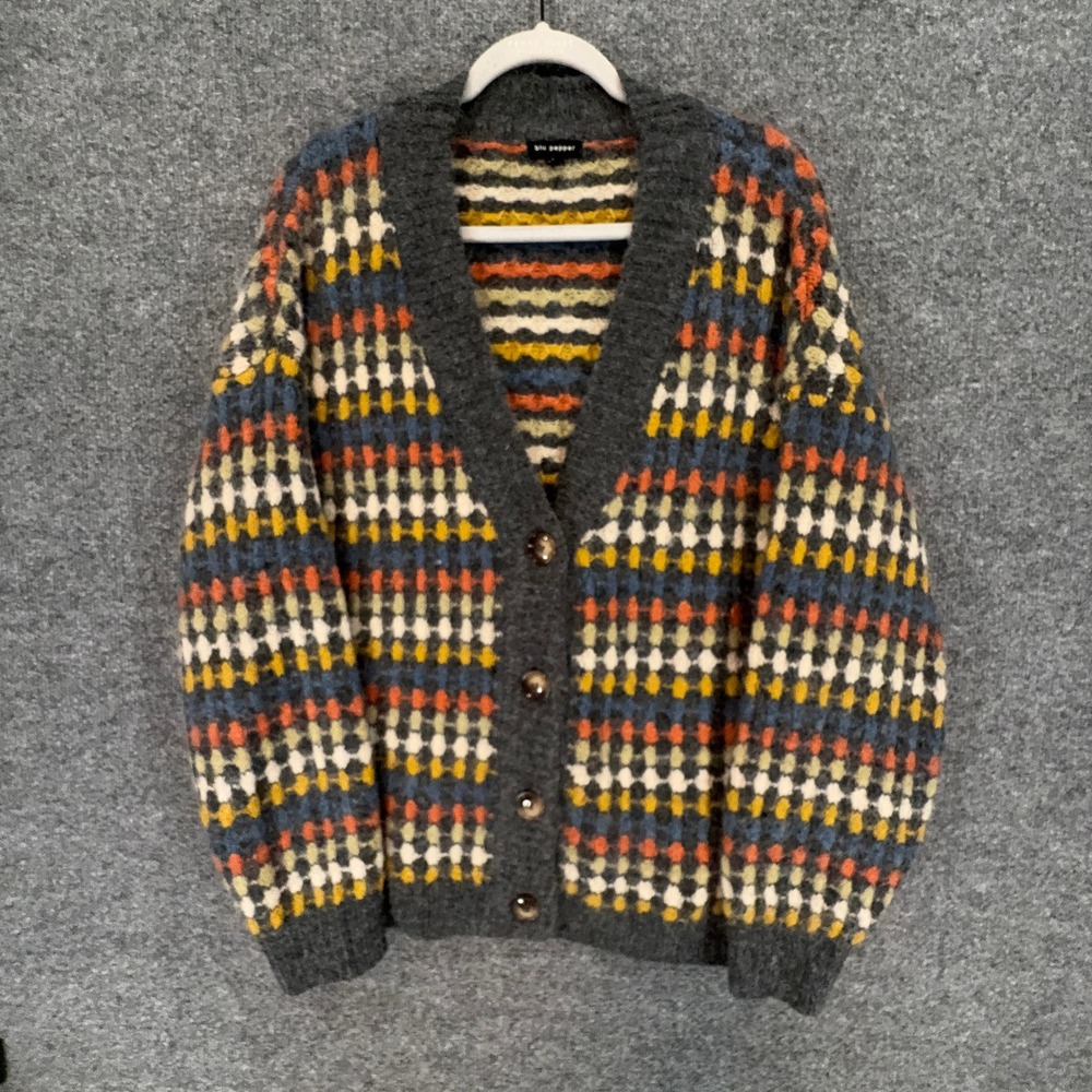 Wool Blend Cardigan Sweater Women Large Gray Colorful Boho Academia Cozy